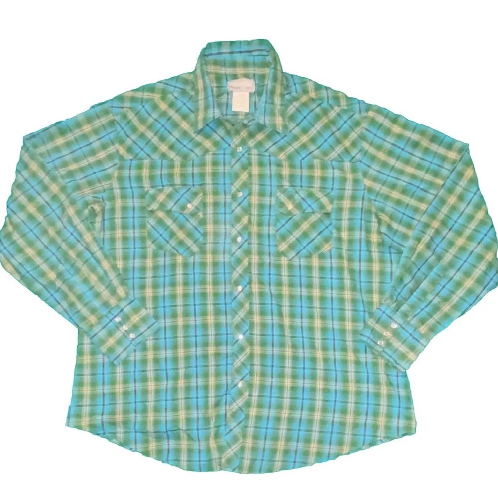 Wrangler Wrancher Pearl Snap Button Up Shirt Blue… - image 1